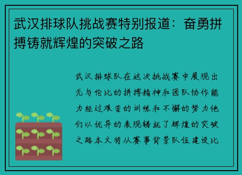 武汉排球队挑战赛特别报道：奋勇拼搏铸就辉煌的突破之路